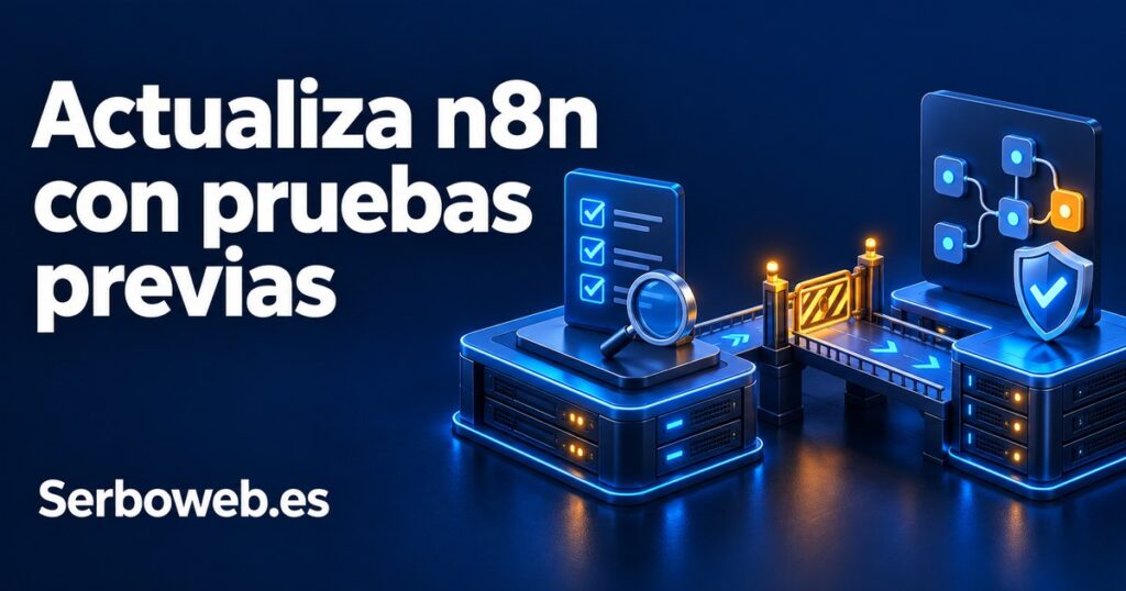 Ilustración de dos entornos de automatización unidos por un puente con control, con el texto «Actualiza n8n con pruebas previas» y la marca Serboweb.es.