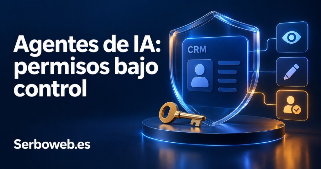 Ilustración de una ficha CRM protegida por un escudo, una llave y tres iconos de consulta, edición y aprobación, con el titular Agentes de IA: permisos bajo control.