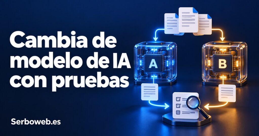 Dos módulos de IA identificados como A y B procesan documentos y se comparan con una lista de comprobación. Texto: «Cambia de modelo de IA con pruebas». Serboweb.es.