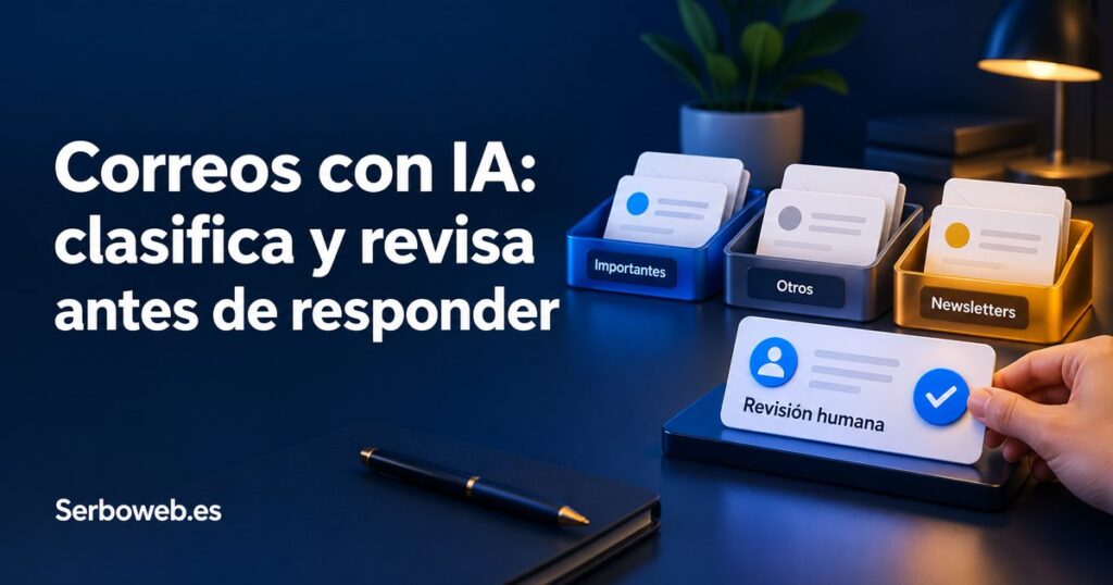 Bandejas con mensajes clasificados y una tarjeta de revisión humana junto al texto «Correos con IA: clasifica y revisa antes de responder» y Serboweb.es.