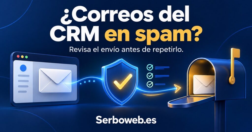 Un correo sale de un CRM, pasa por un escudo de verificación y llega a un buzón, bajo el texto «¿Correos del CRM en spam?» y la marca Serboweb.es.