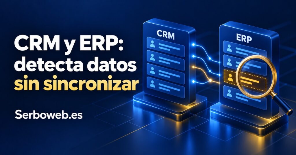 Paneles de CRM y ERP conectados y una lupa sobre un registro destacado, con el titular «CRM y ERP: detecta datos sin sincronizar» y Serboweb.es.