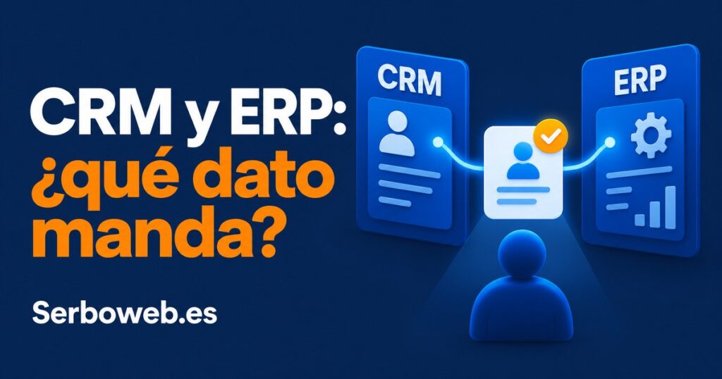 Ilustración de fichas CRM y ERP conectadas a un registro validado, con el texto «CRM y ERP: ¿qué dato manda?» y la marca Serboweb.es.