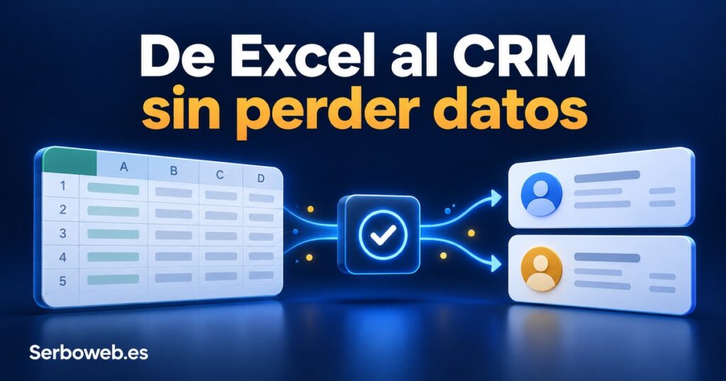 Hoja de cálculo que pasa por una validación y se convierte en fichas de clientes, con el texto «De Excel al CRM sin perder datos».