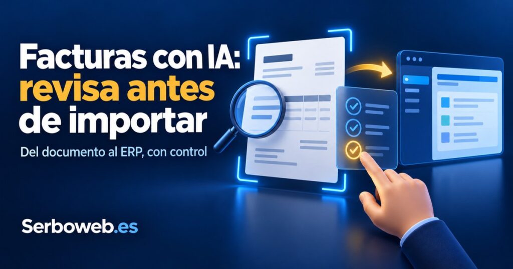 Ilustración de una factura escaneada, una lupa y una lista de revisión antes de enviar datos al ERP, con el titular Facturas con IA: revisa antes de importar.