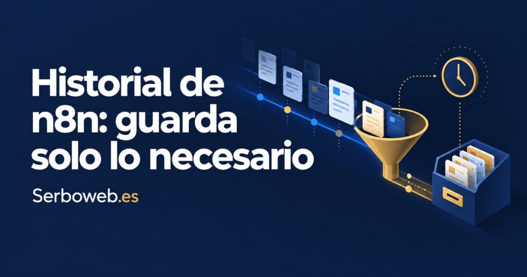Ilustración de un historial de ejecuciones que pasa por un filtro hacia un archivo, con el texto «Historial de n8n: guarda solo lo necesario» y la marca Serboweb.es.