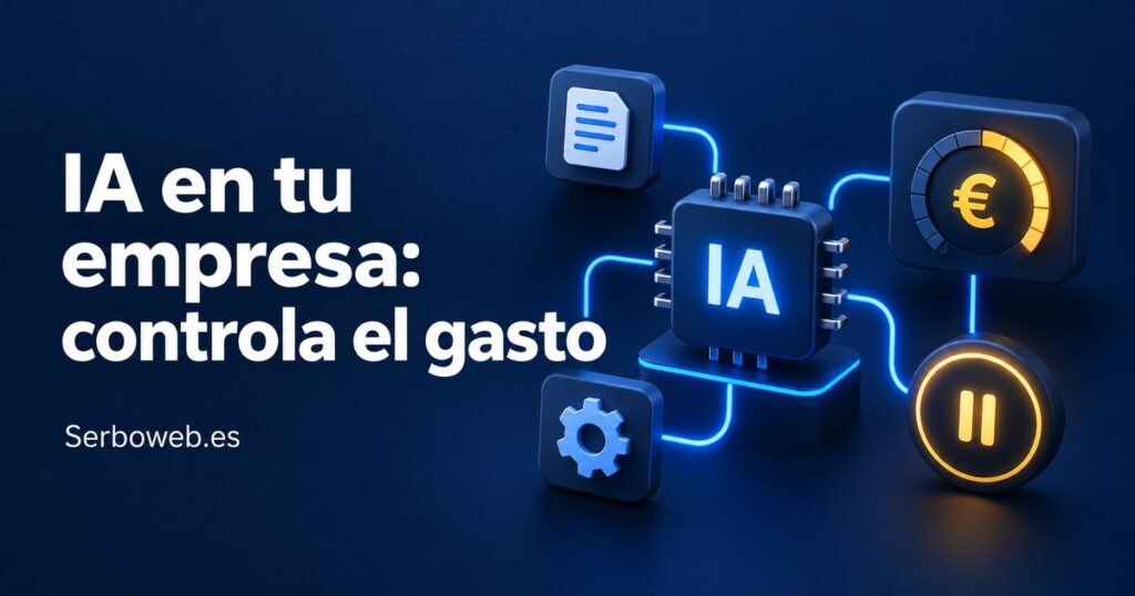Flujo de automatización con chip de IA, indicador de euros y botón de pausa, junto al texto «IA en tu empresa: controla el gasto» y Serboweb.es.