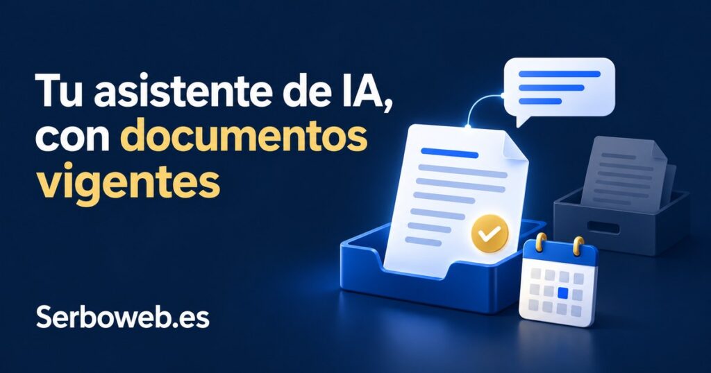 Documento vigente con una marca de aprobación, calendario y bocadillo de respuesta, junto a un archivo antiguo separado; titular «Tu asistente de IA, con documentos vigentes» y Serboweb.es.