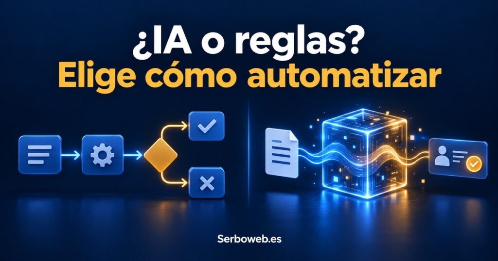 Dos enfoques de automatización, reglas conectadas e IA con revisión humana, bajo el texto «¿IA o reglas? Elige cómo automatizar» y la marca Serboweb.es.
