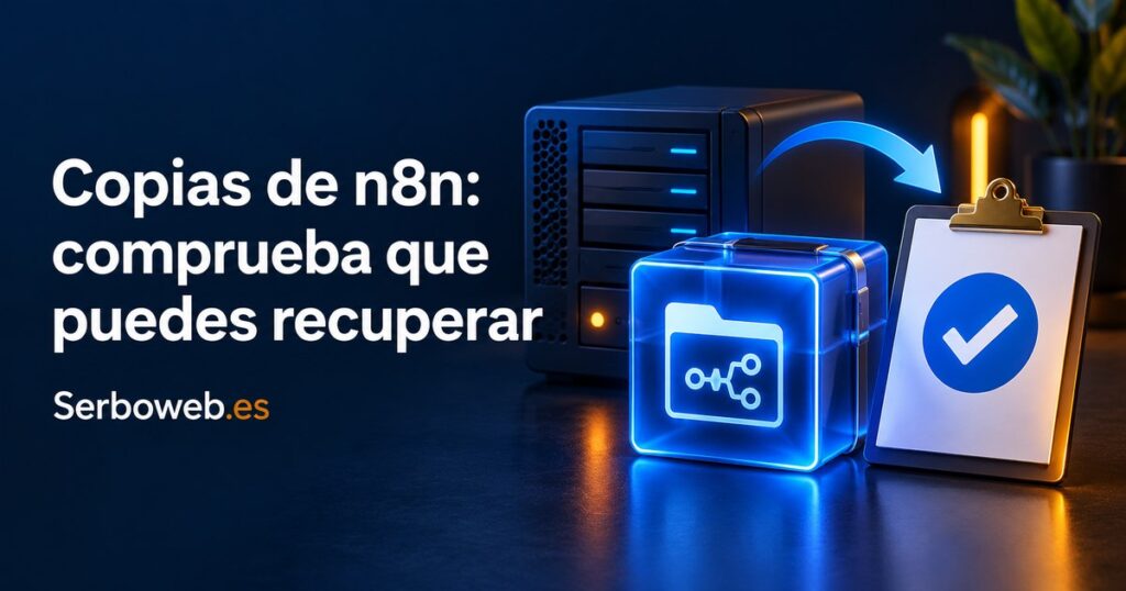 Servidor, archivo de copia y lista con una marca de verificación junto al texto «Copias de n8n: comprueba que puedes recuperar» y Serboweb.es.