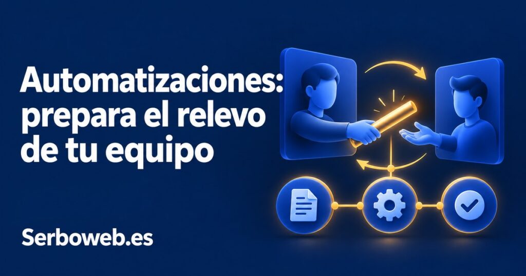 Ilustración de dos perfiles pasando un testigo conectado a nodos de un flujo, con el texto «Automatizaciones: prepara el relevo de tu equipo» y la marca Serboweb.es.