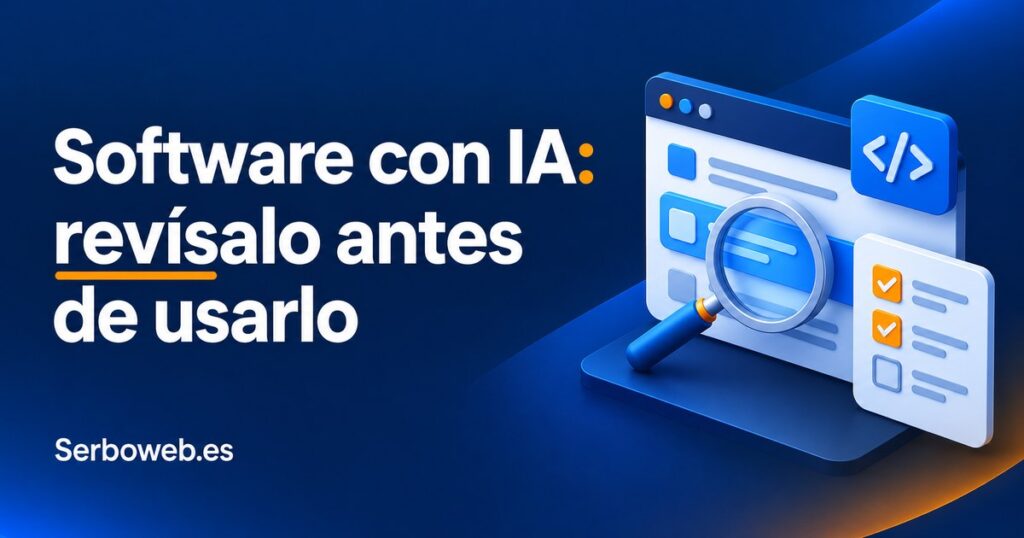 Ventana de aplicación, lupa y lista de comprobación junto al texto «Software con IA: revísalo antes de usarlo» y la marca Serboweb.es.