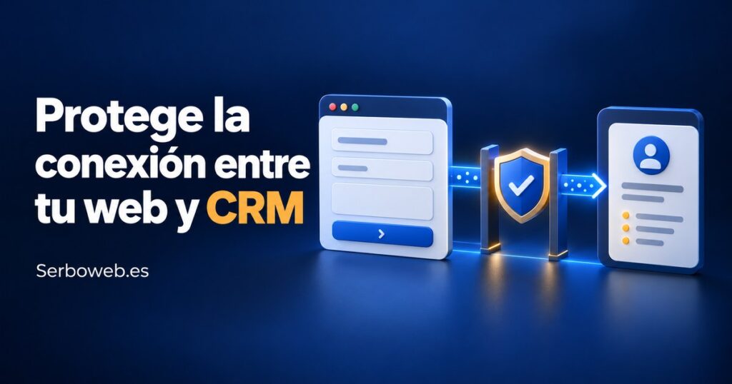 Un formulario conectado a una ficha de CRM mediante un escudo de validación, con el texto Protege la conexión entre tu web y CRM.